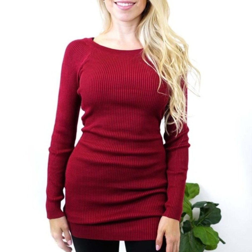 BESTOW Large Pullover Faux Decor Zipper Burgundy Rib Knit Sweater Top